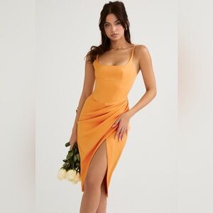 House of CB BIANCA Tangerine Satin Pleated Corset Midi Dress Large New